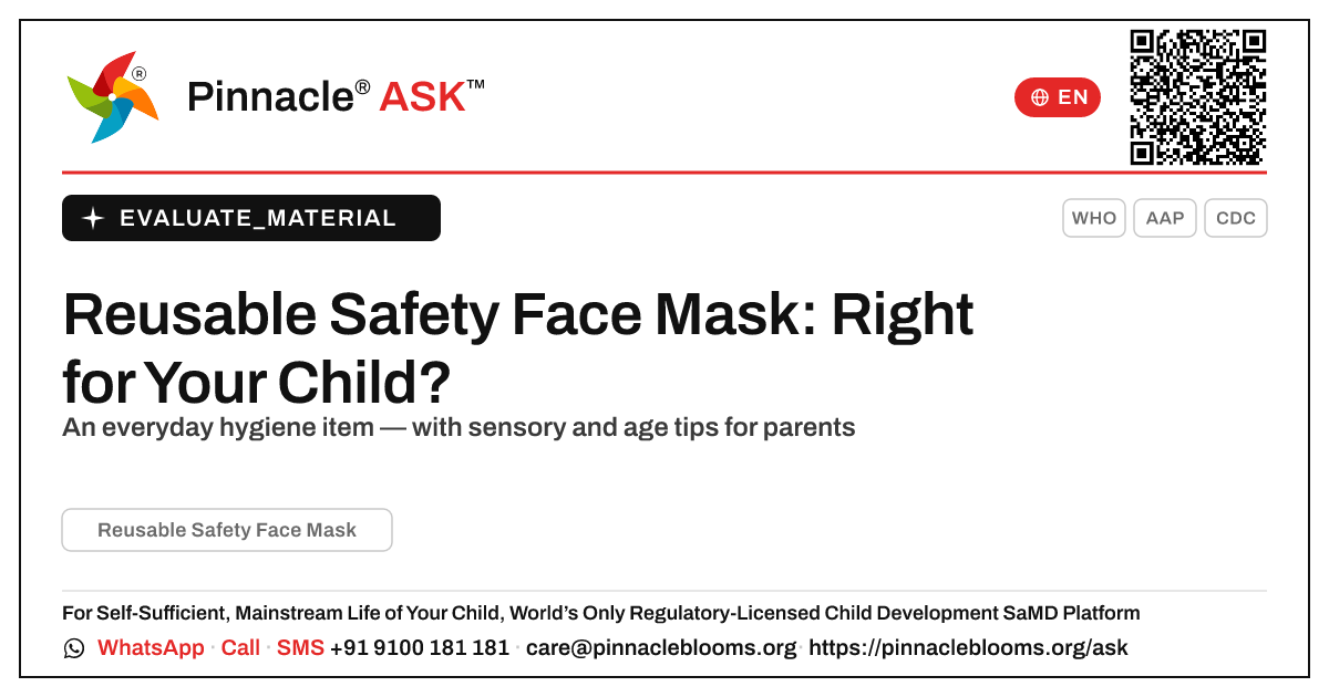 Reusable Safety Face Mask: Is It Right for My Child? — Pinnacle Ask answer card with a short explanation and QR link