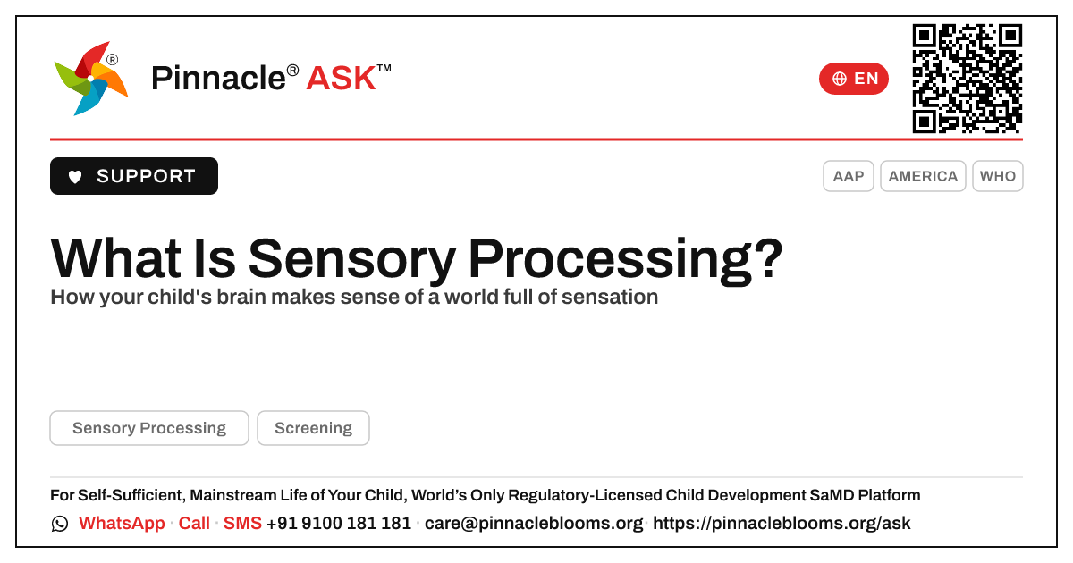 What is sensory processing? — Pinnacle Ask answer card with a short explanation and QR link