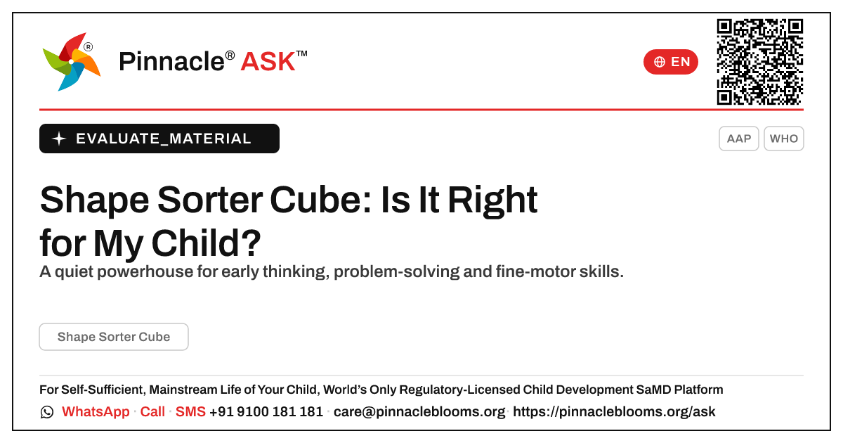 What is Shape Sorter Cube, and is it right for my child? — Pinnacle Ask answer card with a short explanation and QR link