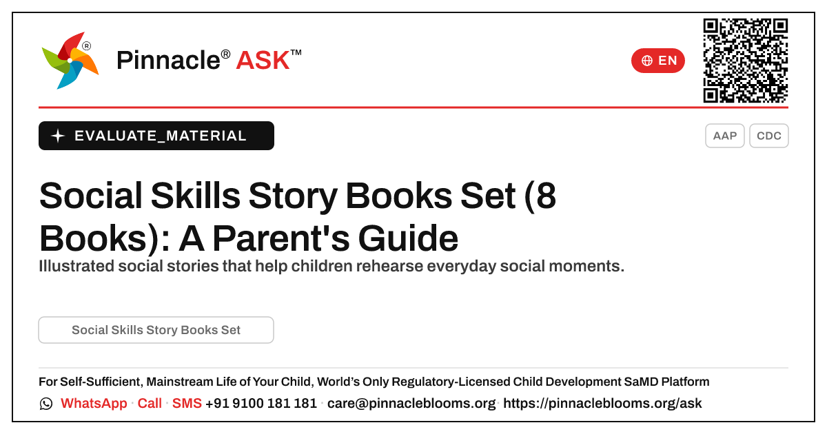 Social Skills Story Books Set (8 Books): Is It Right for My Child? — Pinnacle Ask answer card with a short explanation and QR link