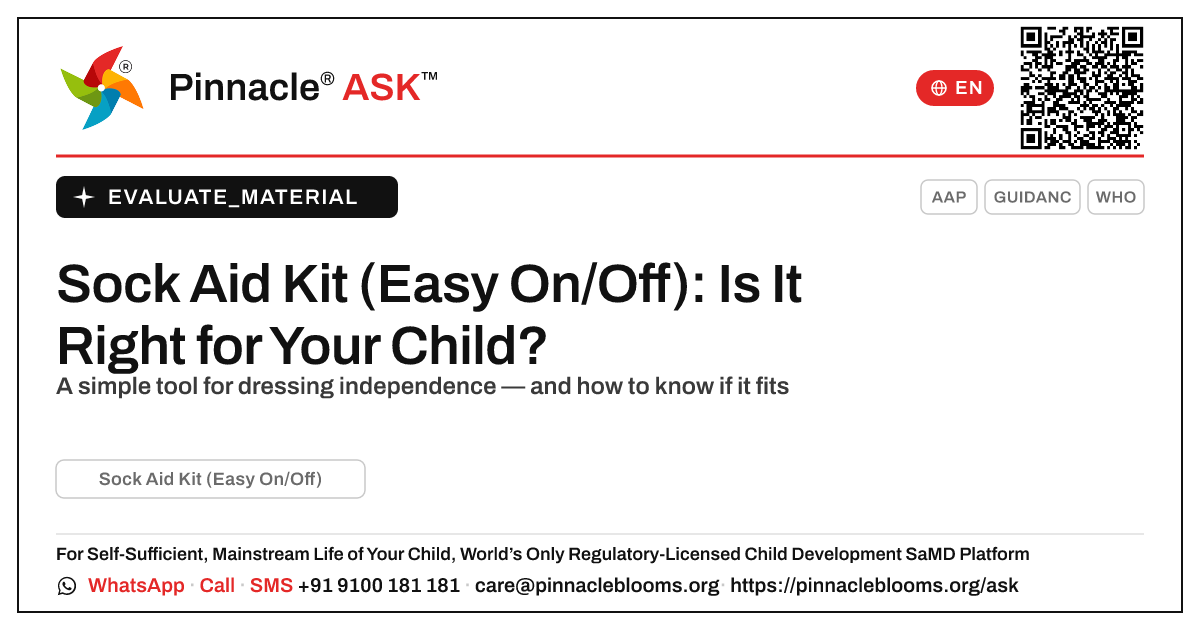 Sock Aid Kit (Easy On/Off): Is It Right for Your Child? — Pinnacle Ask answer card with a short explanation and QR link