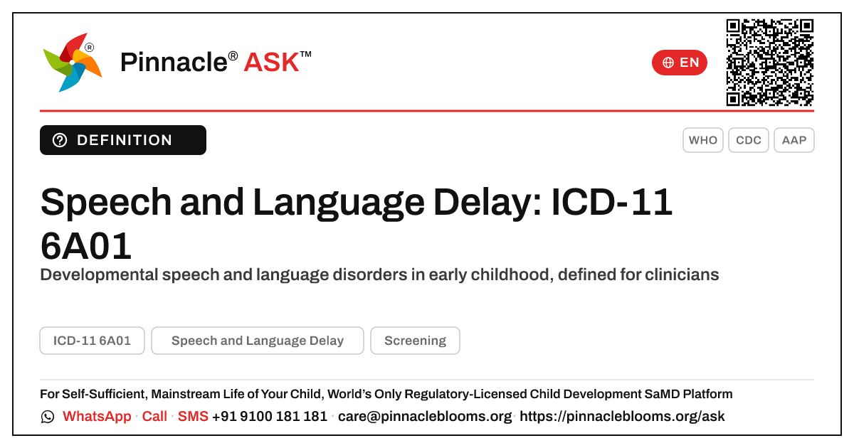Speech and Language Delay (ICD-11 6A01) Defined — Pinnacle Ask answer card with a short explanation and QR link