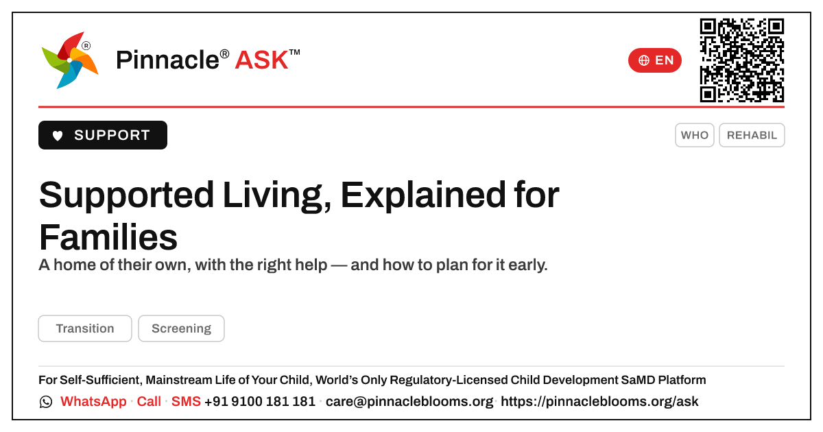 What is supported living and how does it work? — Pinnacle Ask answer card with a short explanation and QR link