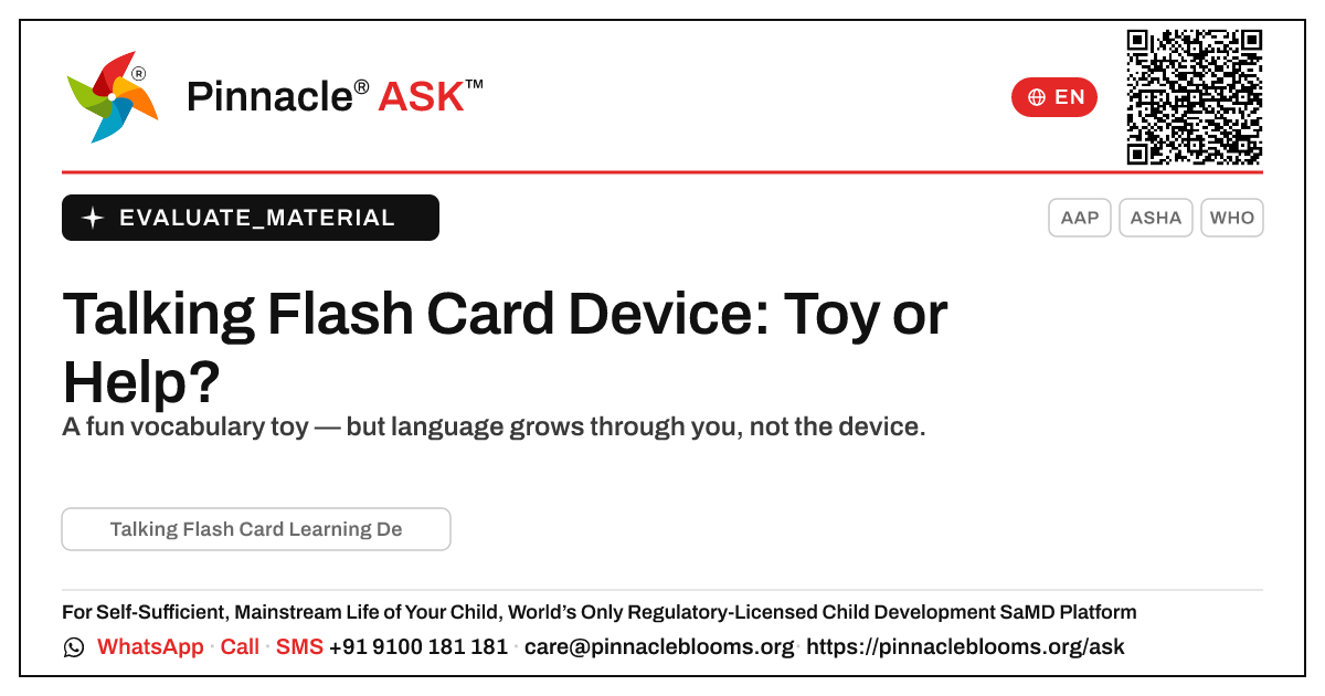 Talking Flash Card Learning Device (224 Words): Is It Right for My Child? — Pinnacle Ask answer card with a short explanation and QR link