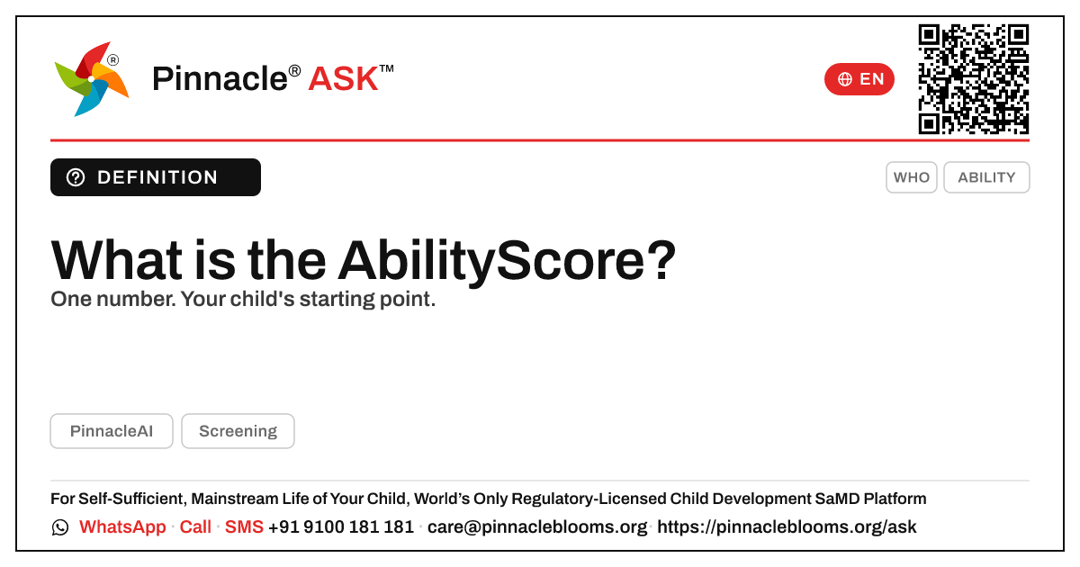 What is the AbilityScore and how is it calculated? — Pinnacle Ask answer card with a short explanation and QR link