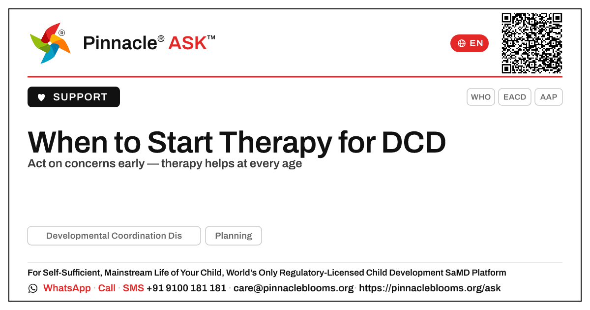 Best Age to Start Therapy for Developmental Coordination Disorder — Pinnacle Ask answer card with a short explanation and QR link