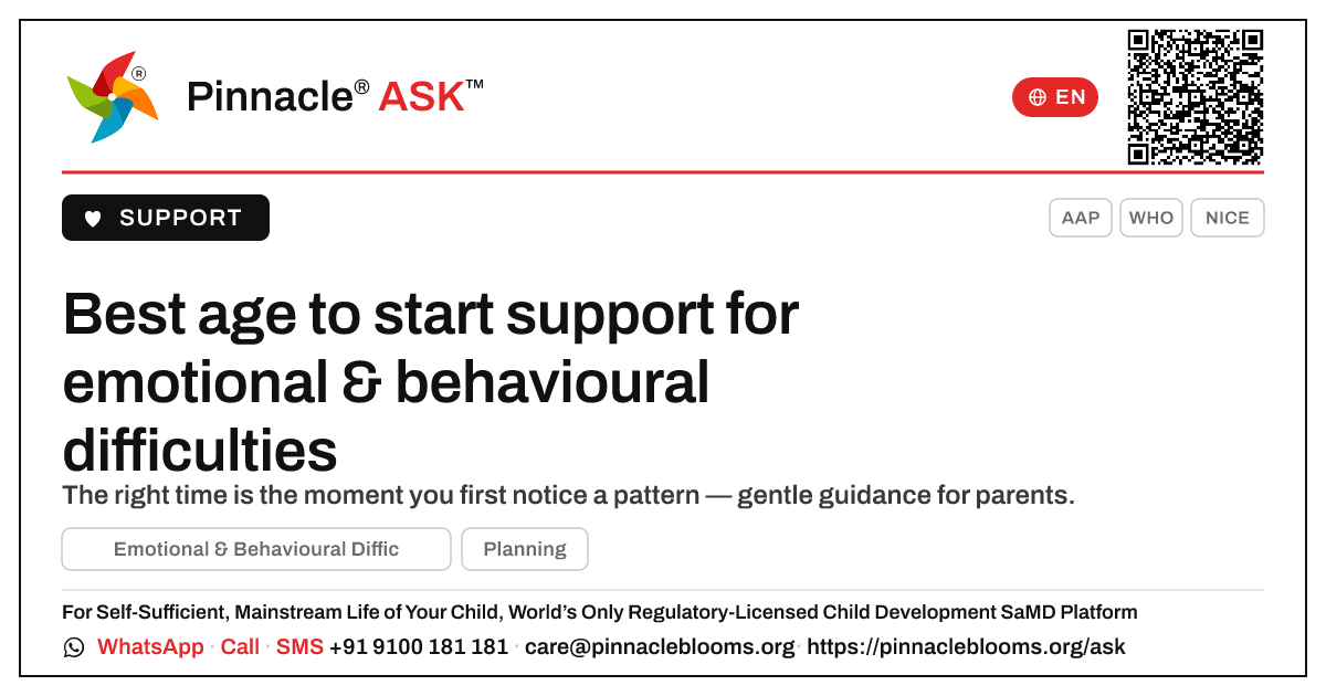 What is the best age to start therapy for Emotional & Behavioural Difficulties? — Pinnacle Ask answer card with a short explanation and QR link