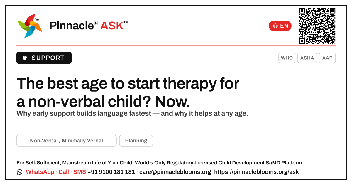 What is the best age to start therapy for non-verbal or minimally verbal children? — Pinnacle Ask answer card with a short explanation and QR link