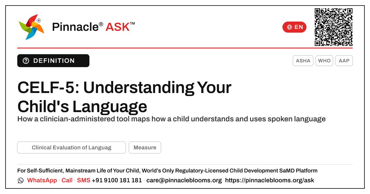 What is the CELF-5 and what does it assess? — Pinnacle Ask answer card with a short explanation and QR link