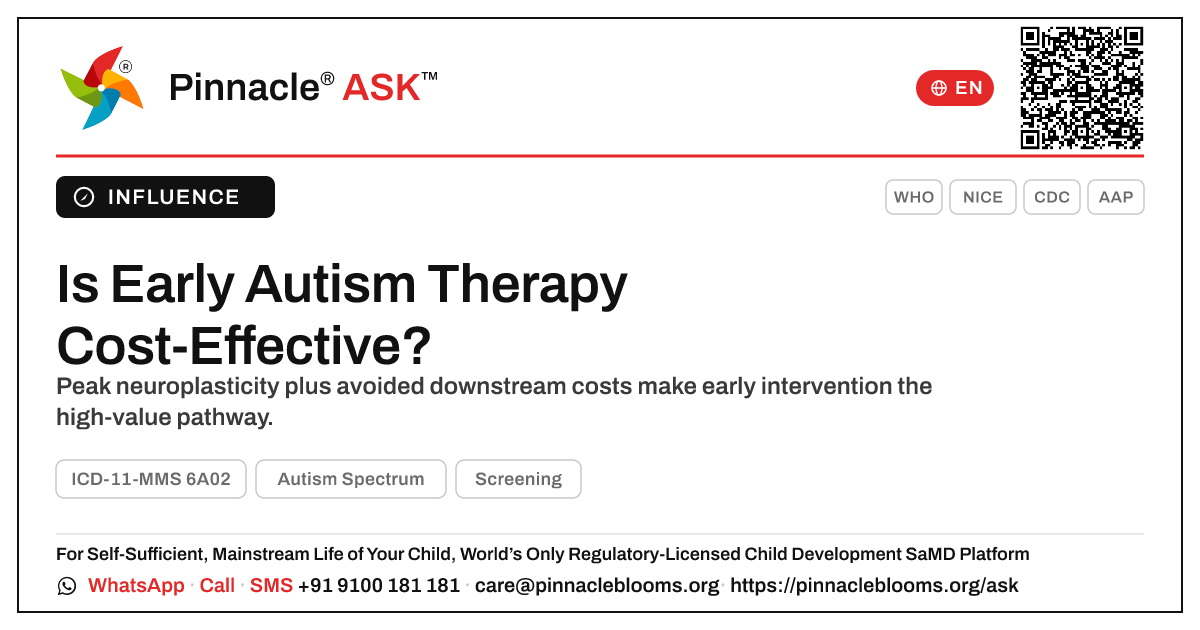 Cost-Effectiveness of Early Autism Therapy — Pinnacle Ask answer card with a short explanation and QR link
