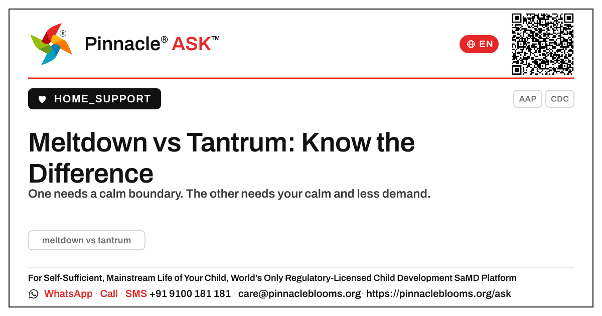 Meltdown vs Tantrum: The Difference and How to Respond — Pinnacle Ask answer card with a short explanation and QR link