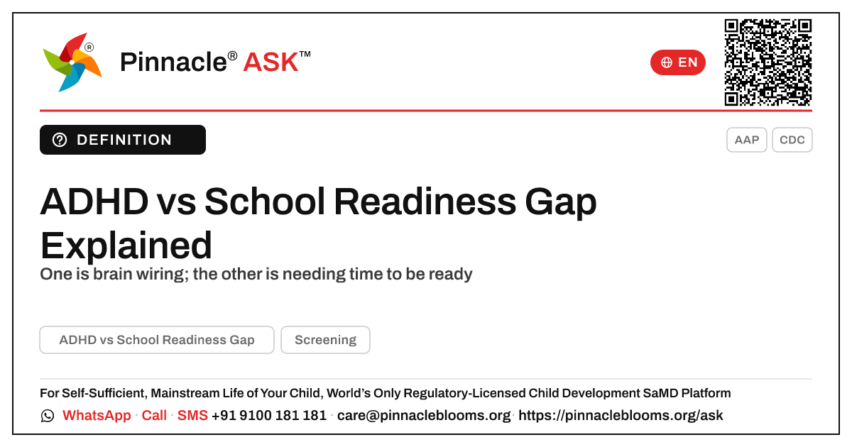 ADHD vs School Readiness Gap in Young Children — Pinnacle Ask answer card with a short explanation and QR link