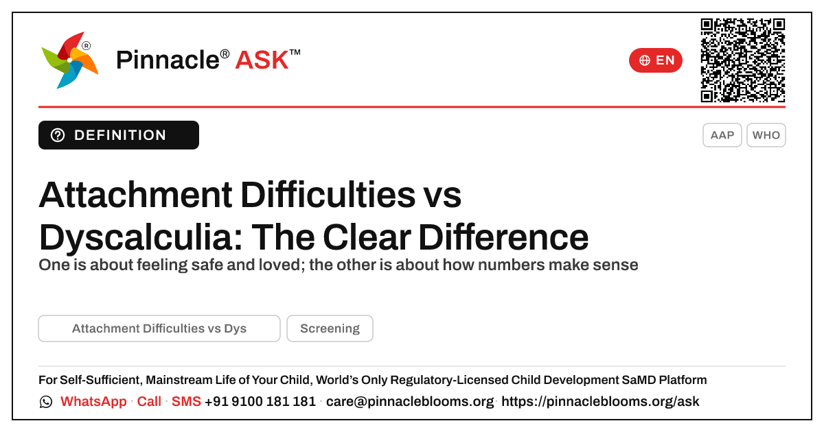 Attachment Difficulties vs Dyscalculia in Young Children — Pinnacle Ask answer card with a short explanation and QR link