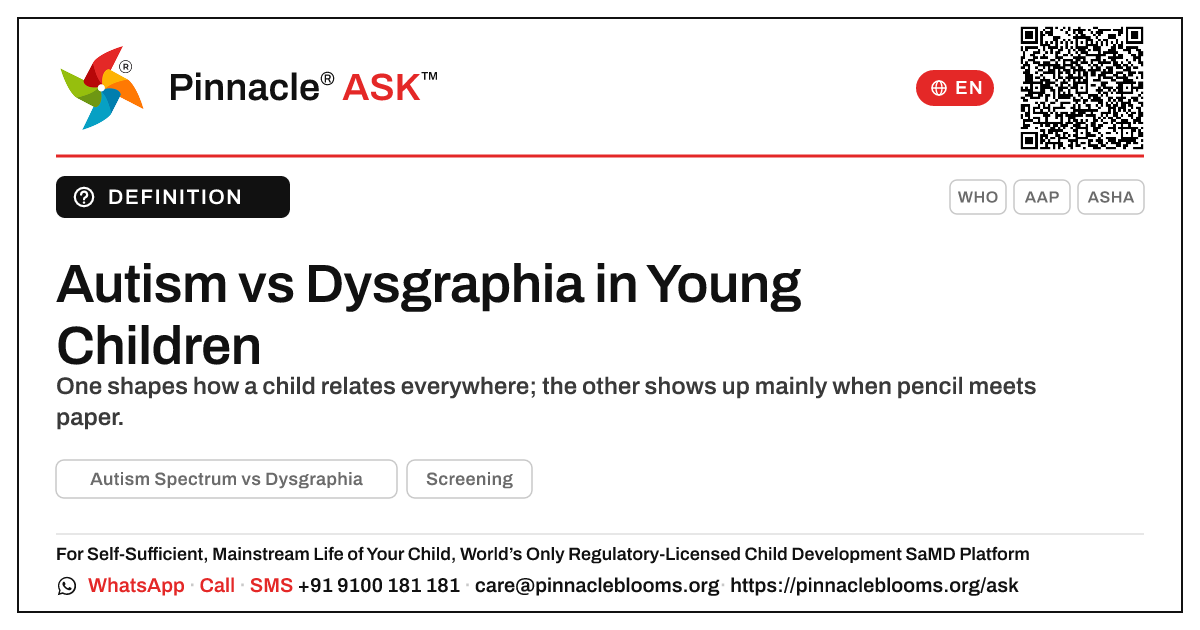 Autism Spectrum vs Dysgraphia in Young Children — Pinnacle Ask answer card with a short explanation and QR link