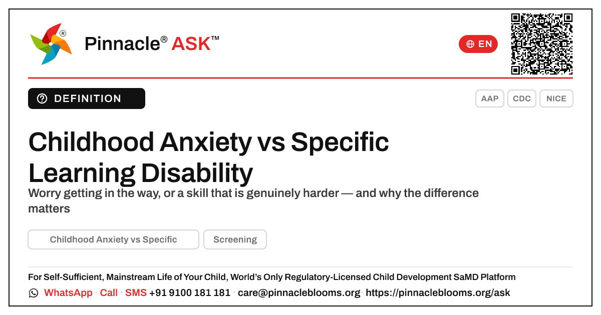 Childhood Anxiety vs Specific Learning Disability — Pinnacle Ask answer card with a short explanation and QR link