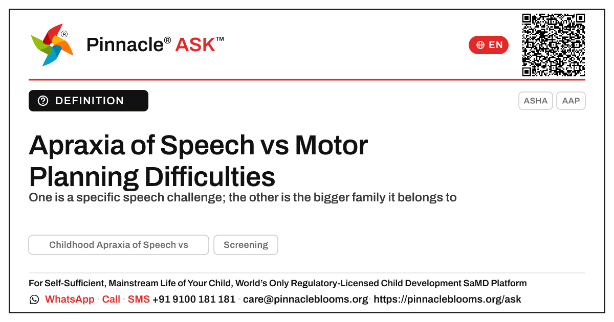 Childhood Apraxia of Speech vs Motor Planning Difficulties — Pinnacle Ask answer card with a short explanation and QR link