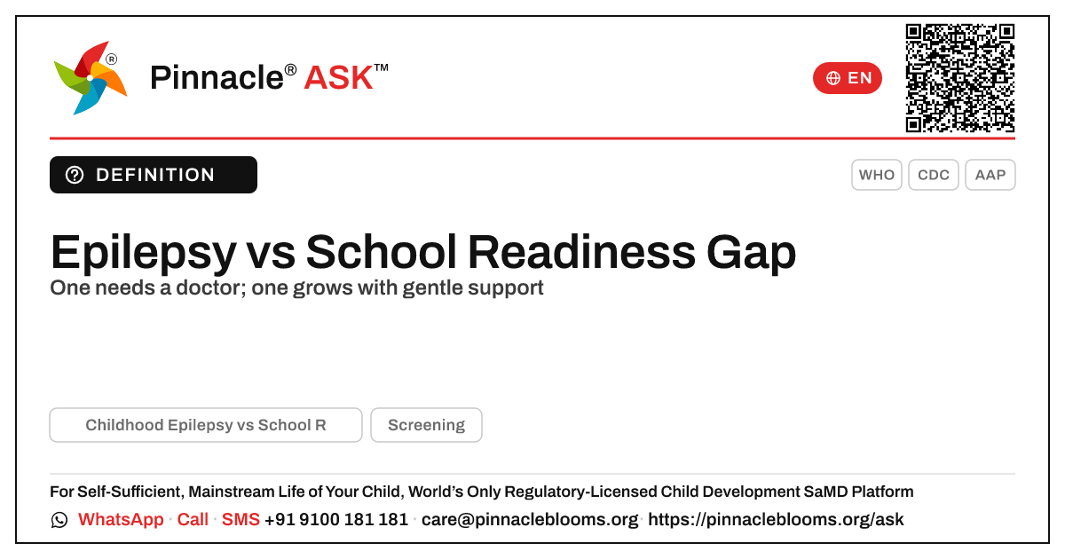 Childhood Epilepsy vs School Readiness Gap — Pinnacle Ask answer card with a short explanation and QR link