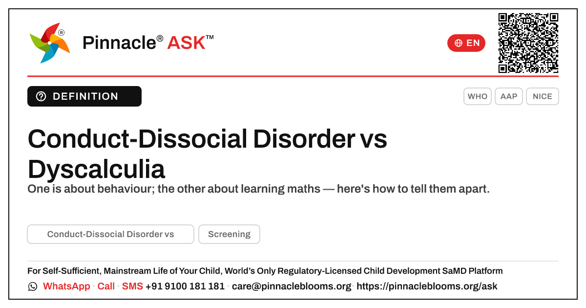 Conduct-Dissocial Disorder vs Dyscalculia in young children — Pinnacle Ask answer card with a short explanation and QR link