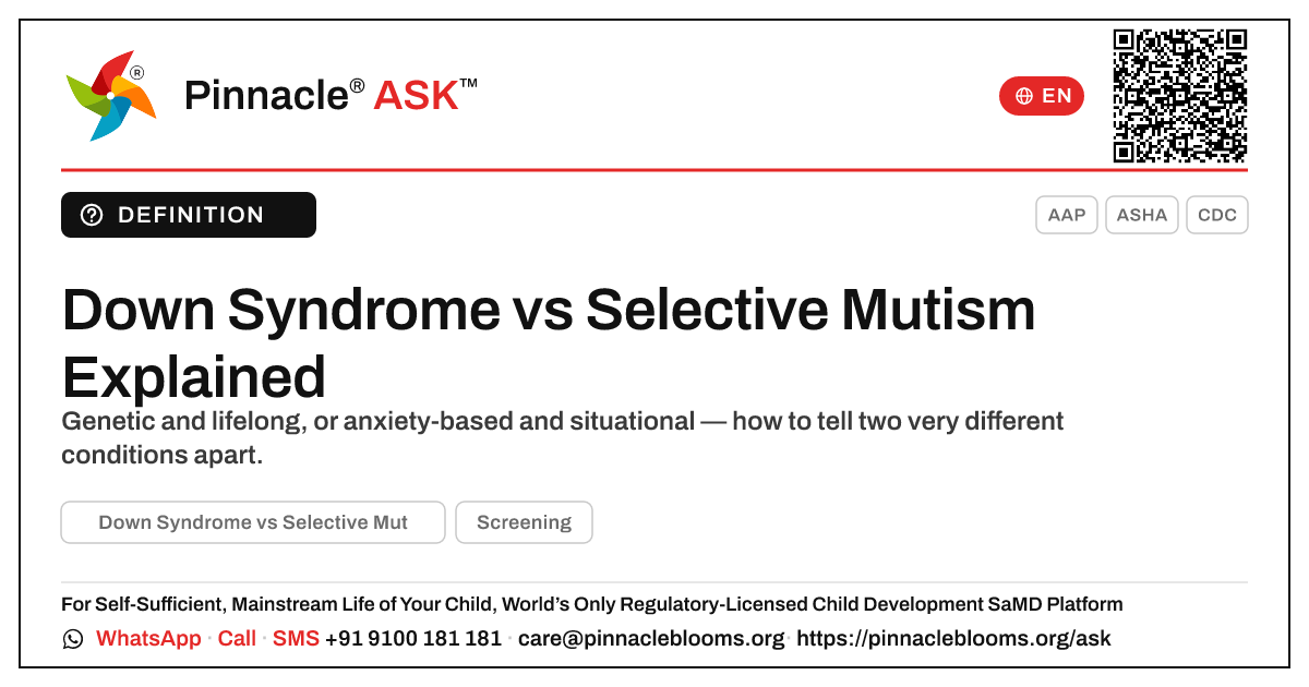 Down Syndrome vs Selective Mutism in Young Children — Pinnacle Ask answer card with a short explanation and QR link