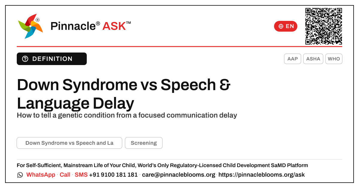 Down Syndrome vs Speech and Language Delay — Pinnacle Ask answer card with a short explanation and QR link