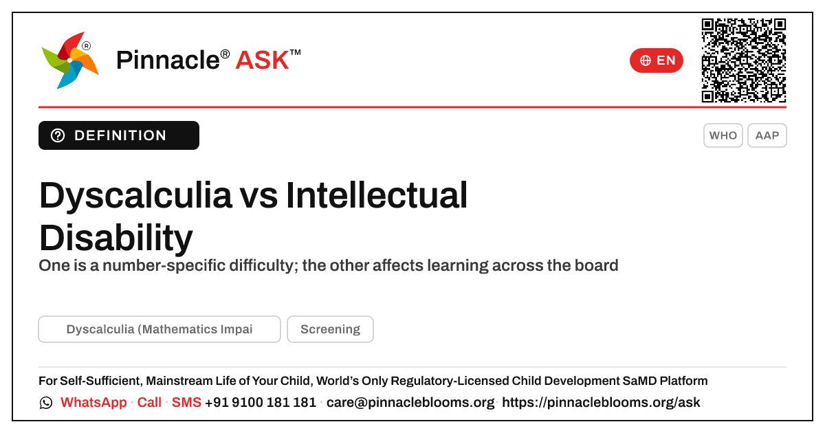 Dyscalculia vs Intellectual Disability in Young Children — Pinnacle Ask answer card with a short explanation and QR link