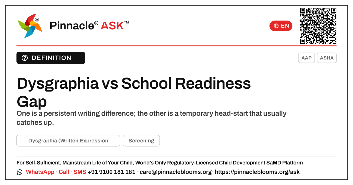 Dysgraphia vs School Readiness Gap in Young Children — Pinnacle Ask answer card with a short explanation and QR link