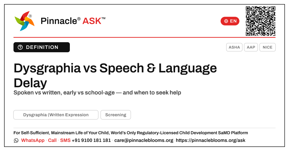 Dysgraphia vs Speech and Language Delay in Children — Pinnacle Ask answer card with a short explanation and QR link