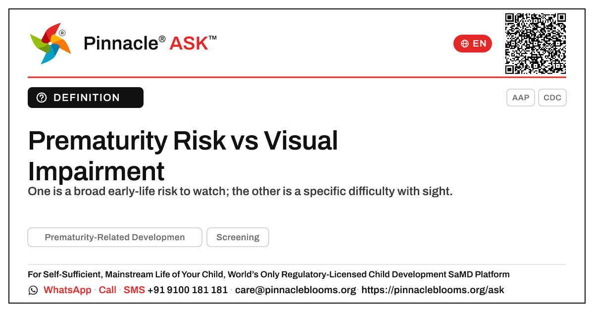 Prematurity-Related Developmental Risk vs Visual Impairment — Pinnacle Ask answer card with a short explanation and QR link
