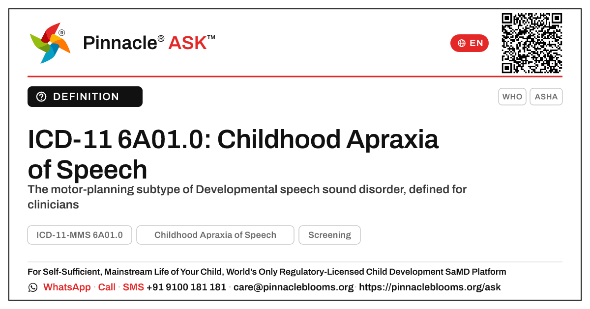 ICD-11 Classification of Childhood Apraxia of Speech — Pinnacle Ask answer card with a short explanation and QR link