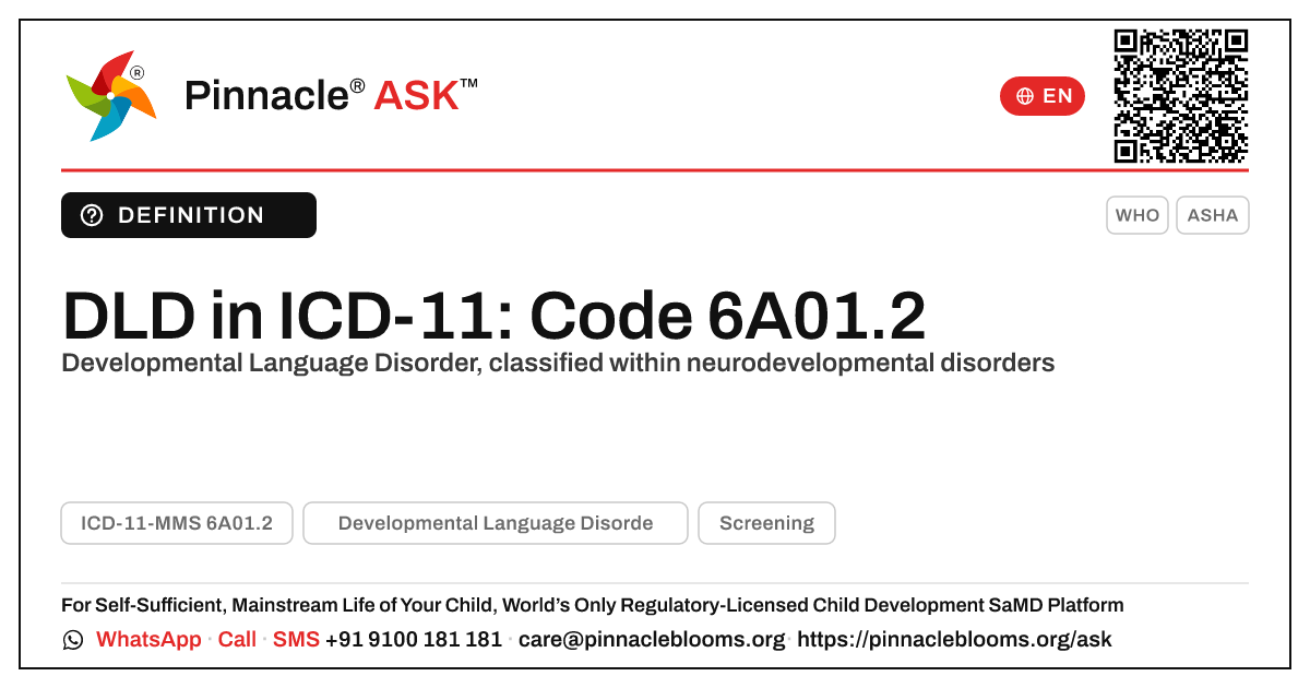 ICD-11 Classification for Developmental Language Disorder — Pinnacle Ask answer card with a short explanation and QR link