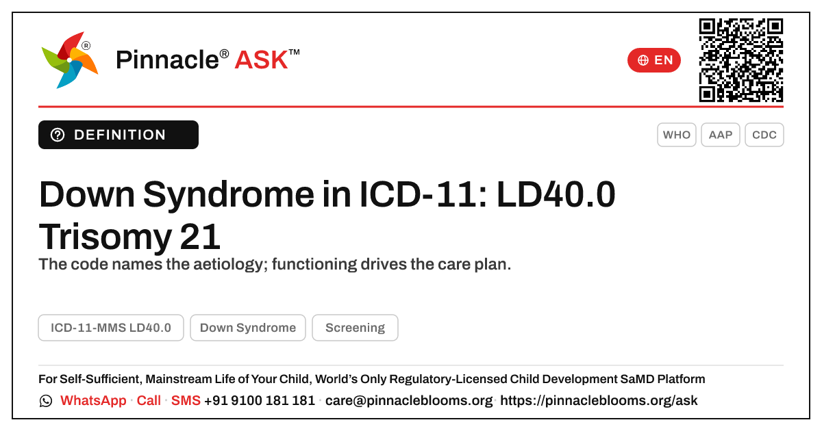 ICD-11 Classification for Down Syndrome (LD40.0) — Pinnacle Ask answer card with a short explanation and QR link