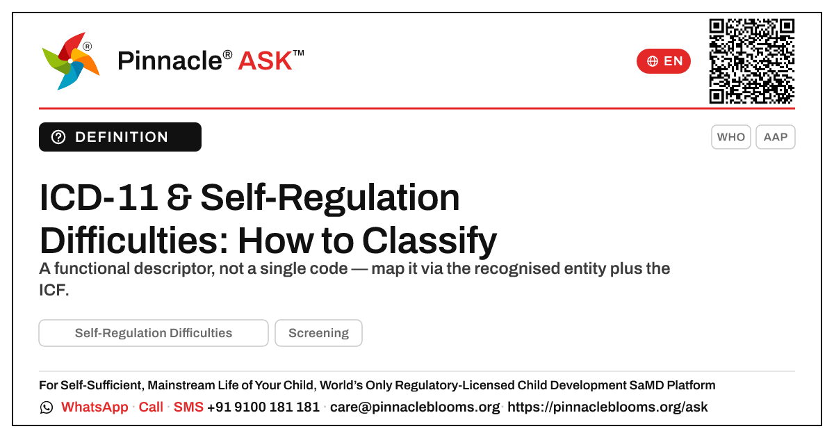What is the ICD-11 classification for Self-Regulation Difficulties? — Pinnacle Ask answer card with a short explanation and QR link