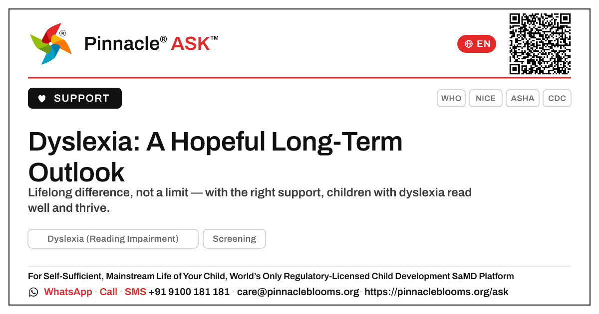 What is the long-term outlook for a child with dyslexia? — Pinnacle Ask answer card with a short explanation and QR link
