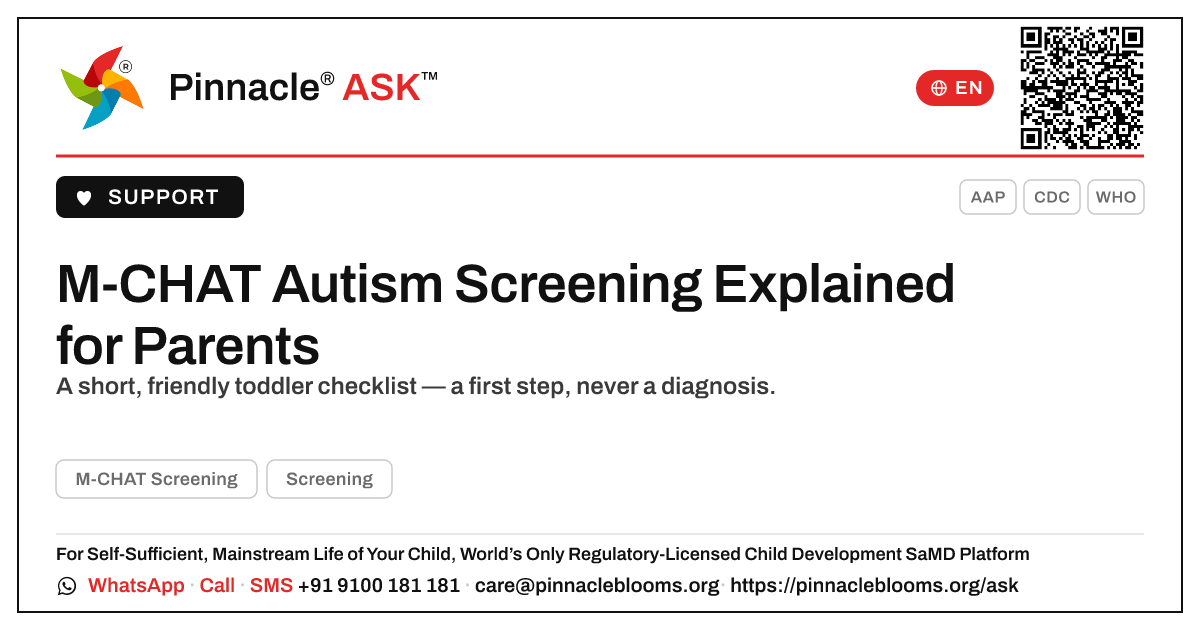 What is the M-CHAT autism screening and should my child take it? — Pinnacle Ask answer card with a short explanation and QR link