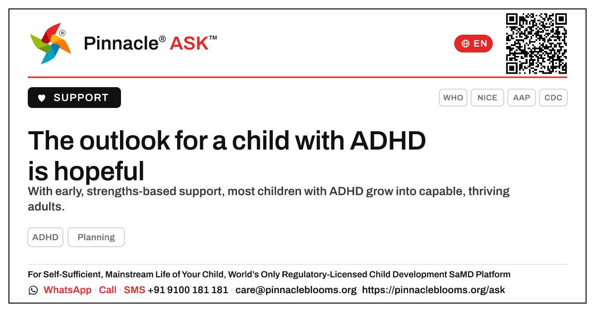 What is the outlook for a child with ADHD? — Pinnacle Ask answer card with a short explanation and QR link