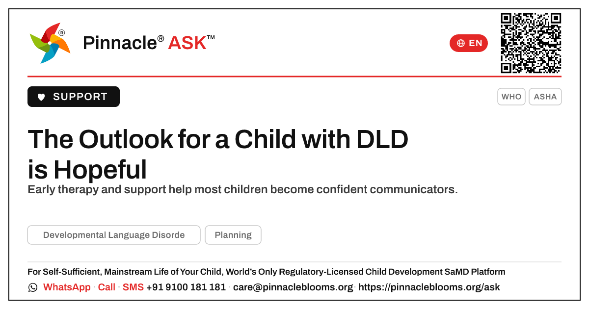 Outlook for a Child with DLD — Pinnacle Ask answer card with a short explanation and QR link