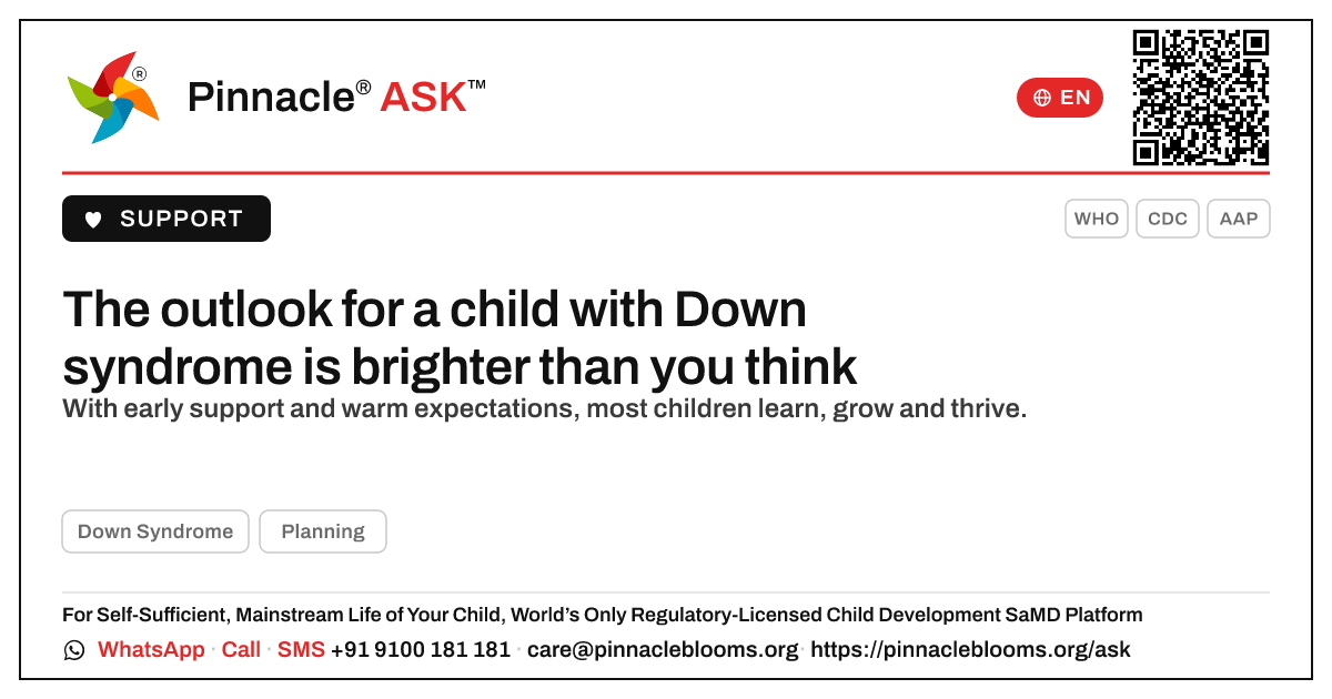 What is the outlook for a child with Down Syndrome? — Pinnacle Ask answer card with a short explanation and QR link