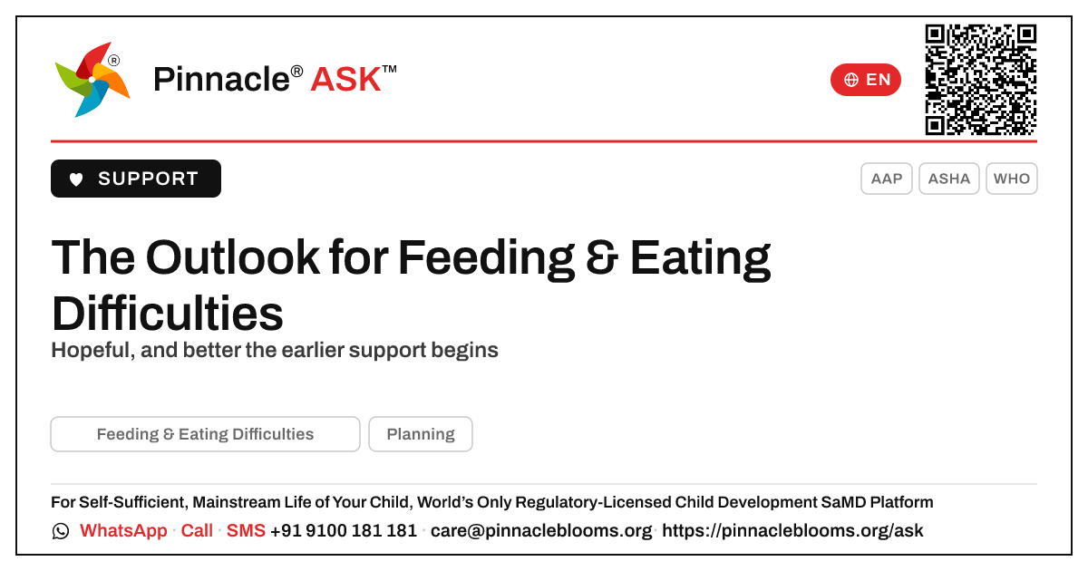 Outlook for a Child with Feeding & Eating Difficulties — Pinnacle Ask answer card with a short explanation and QR link