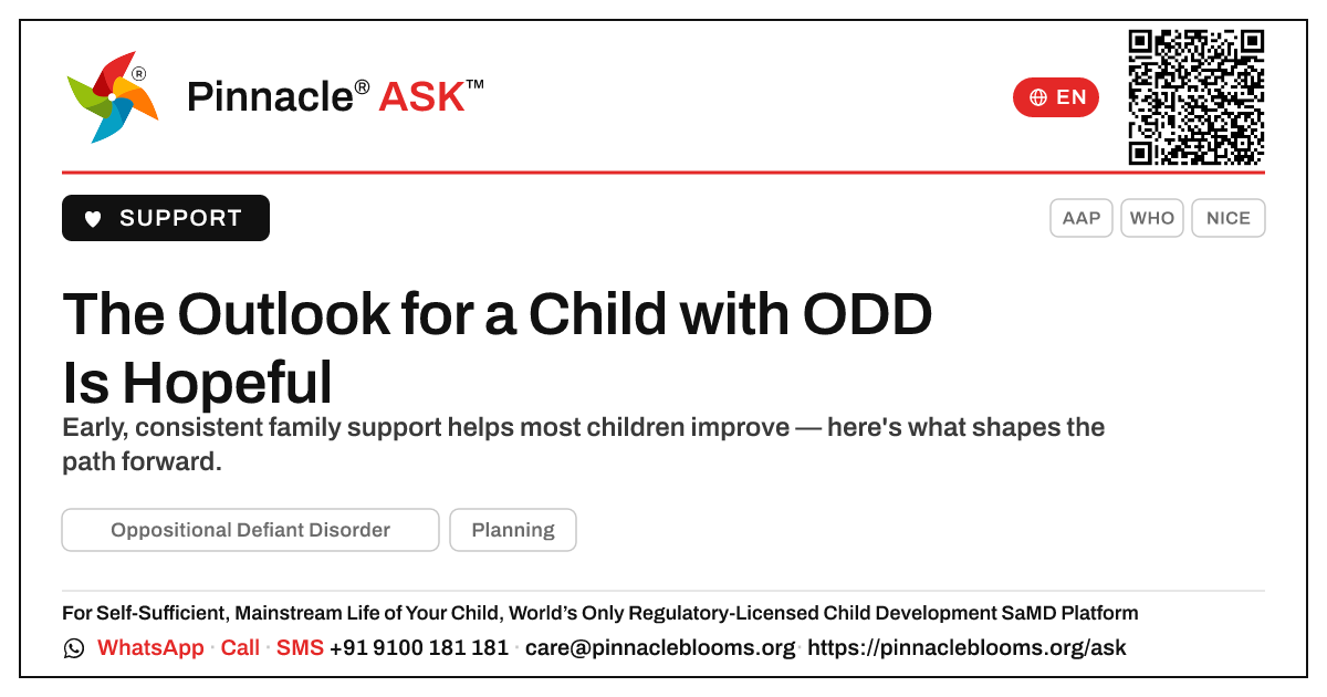 Outlook for a Child with Oppositional Defiant Disorder — Pinnacle Ask answer card with a short explanation and QR link