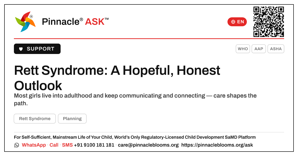 What is the outlook for a child with Rett Syndrome? — Pinnacle Ask answer card with a short explanation and QR link