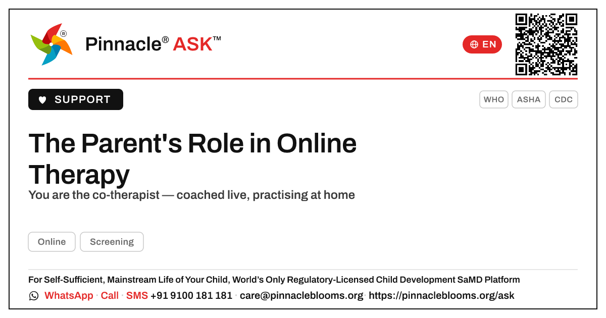 What is the parent's role in online therapy? — Pinnacle Ask answer card with a short explanation and QR link