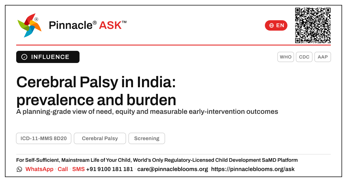 Cerebral Palsy in India: prevalence and public-health burden — Pinnacle Ask answer card with a short explanation and QR link