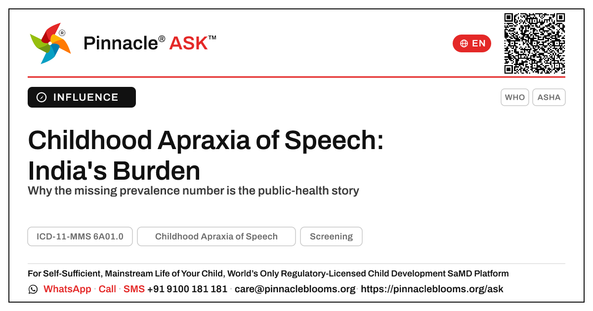 Prevalence and Public-Health Burden of Childhood Apraxia of Speech in India — Pinnacle Ask answer card with a short explanation and QR link