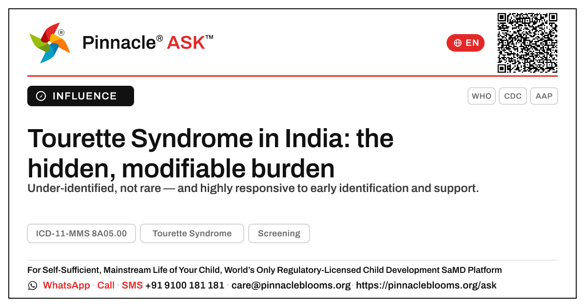 Tourette Syndrome in India: prevalence and public-health burden — Pinnacle Ask answer card with a short explanation and QR link