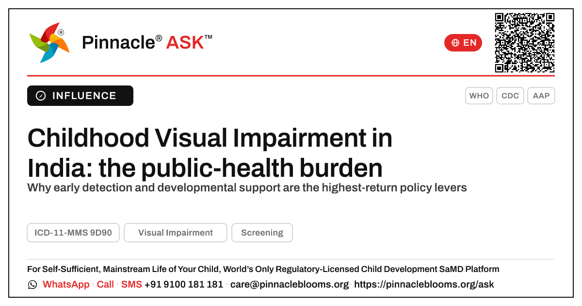 Visual Impairment in young children: India's prevalence and public-health burden — Pinnacle Ask answer card with a short explanation and QR link