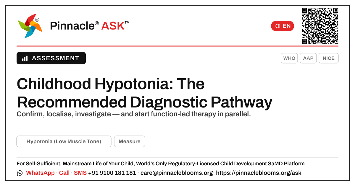 Recommended Screening & Diagnostic Pathway for Childhood Hypotonia — Pinnacle Ask answer card with a short explanation and QR link