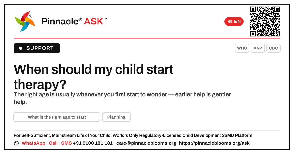 What is the right age to start therapy for my child? — Pinnacle Ask answer card with a short explanation and QR link