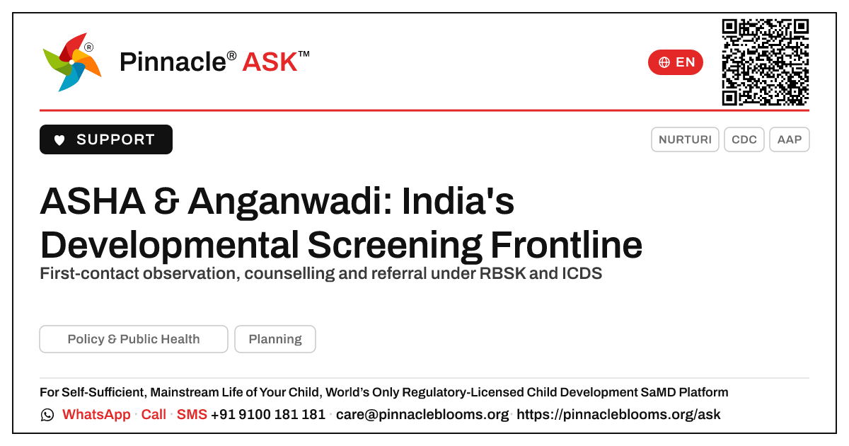 Role of ASHA and Anganwadi Workers in Developmental Screening — Pinnacle Ask answer card with a short explanation and QR link