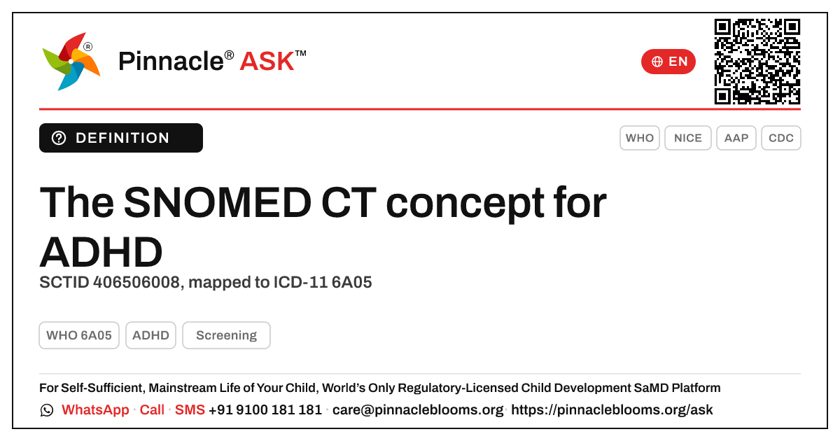 What is the SNOMED CT concept for ADHD? — Pinnacle Ask answer card with a short explanation and QR link