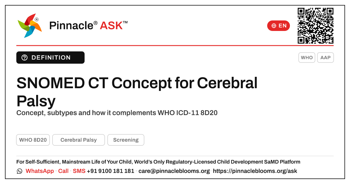 What is the SNOMED CT concept for Cerebral Palsy? — Pinnacle Ask answer card with a short explanation and QR link